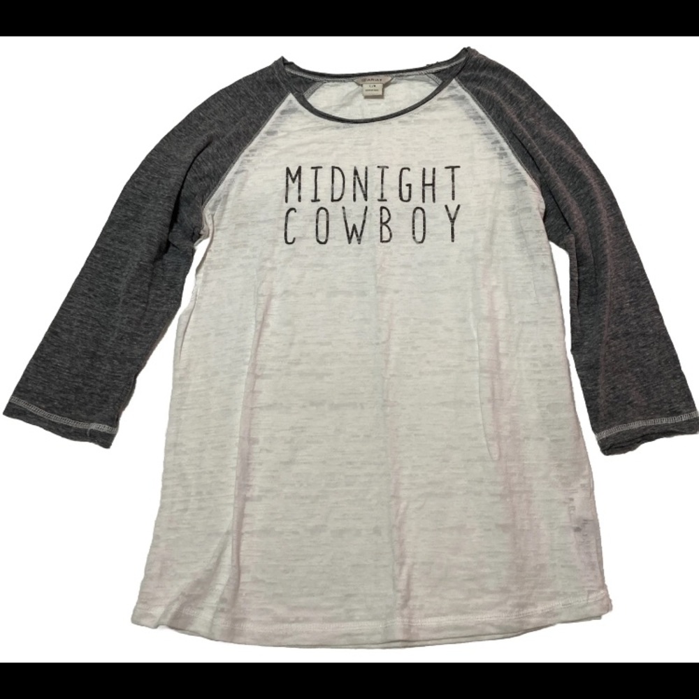 ARIAT Raglan Burnout Tee 3/4 Sleeve White & Gray Midnight Cowboy Size L e6858